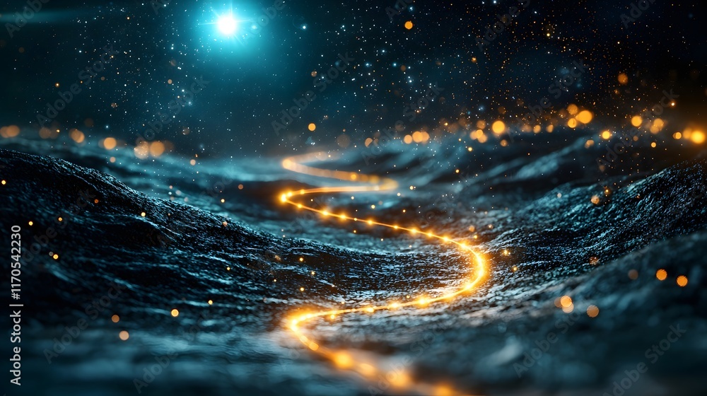 Poster quantum computing visualizing the interaction and bending of light beams through gravitational in th