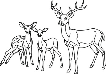 Graphic black silhouettes of wild deers &ndash; male, female and roe deer