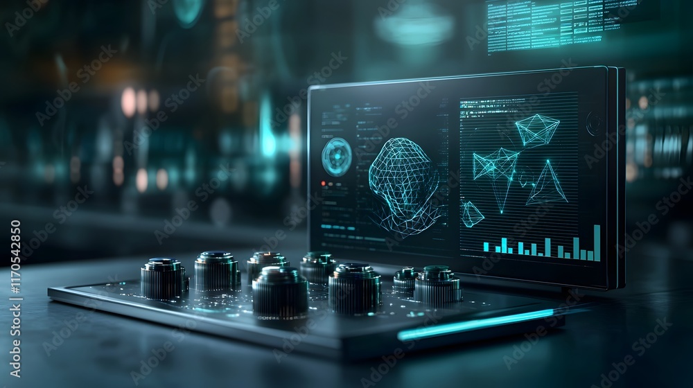 Poster futuristic quantum computer simulating the principles of general relativity showcasing holographic 3