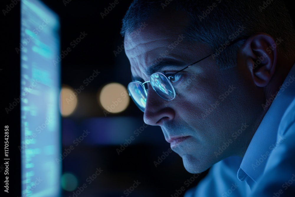 Poster the man leans forward, intently studying the glowing computer screen, highlighting his determination