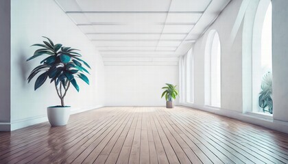 A Serene Empty White Room Featuring a Natural Wooden Floor and a Lush Potted Plant, Perfect for Minimalist Decor and Tranquil Ambiance in Interior Design Projects