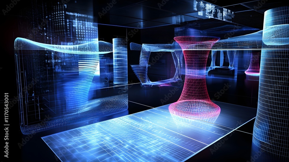 Poster Futuristic quantum computer simulating general relativity principles displaying holographic 3D models of spacetime geodesics for scientific visualization and of the universe