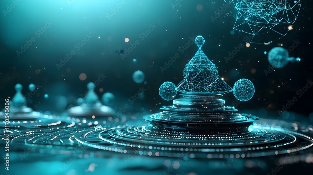 Poster futuristic quantum computer simulating general relativity principles with holographic 3d models of s