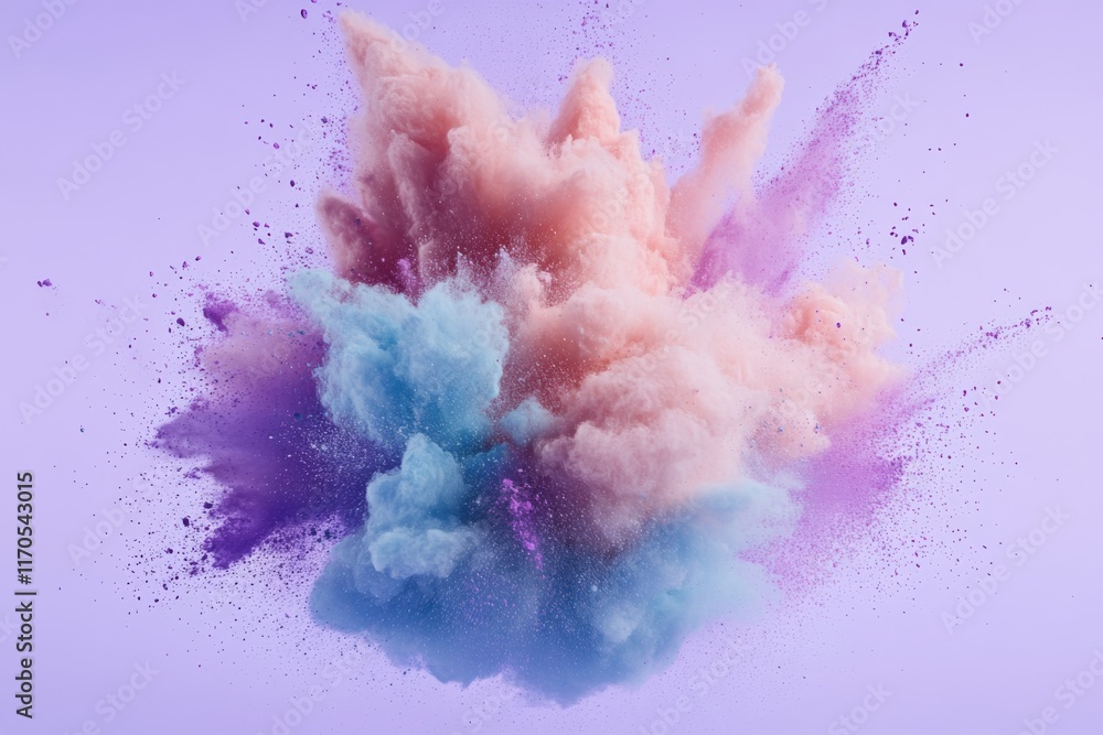 Leinwandbilder a dynamic cloud of colored powder erupts into the air, creating vibrant hues against a soft lavender