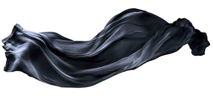 black silk fabric floating in wind, isolated