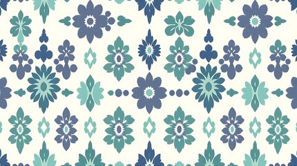 Serene Teal Floral Pattern: A calming and elegant seamless pattern featuring stylized teal and blue flowers on a ivory background. Perfect for textile design, wallpaper, and surface decoration. 