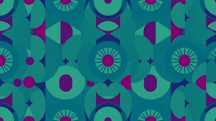 Retro Geometric Pattern: A vibrant and captivating seamless pattern featuring an array of geometric shapes in shades of teal, purple, and pink, reminiscent of 1960s and 1970s design aesthetics.