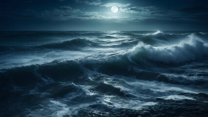 Obraz premium Waves Crash Under a Full Moon Illuminating the Dark Ocean at Night With Dramatic Clouds in the Background
