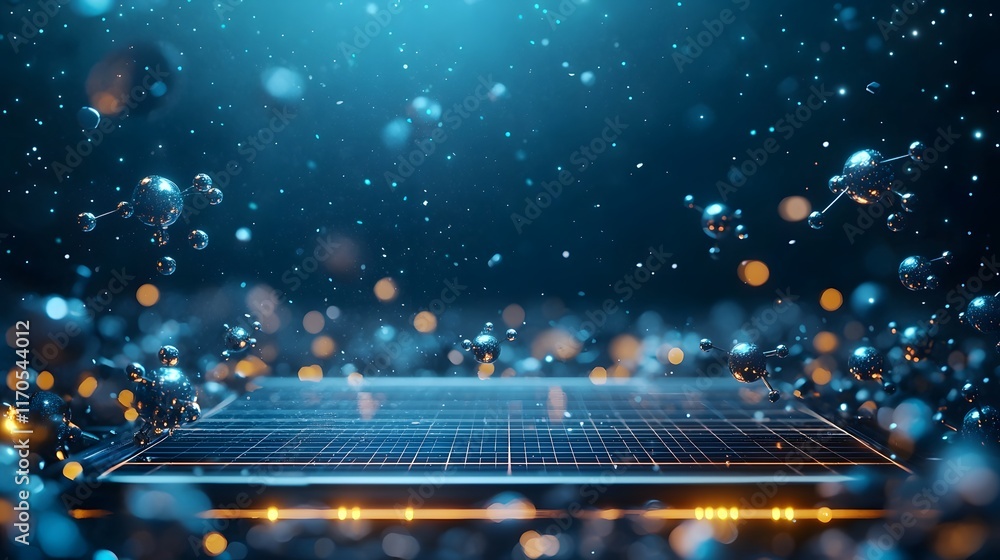 Poster Quantum Computer Visualizing Chemical Equilibrium with Animated Molecules Moving in Dynamic Balance Within a Glowing Grid Leaving Copy Space at the Bottom for Textual Overlay