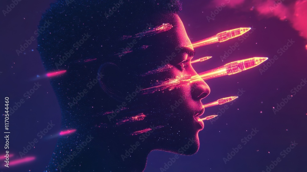 Poster Vibrant visualization of a man's profile with dynamic elements emphasizing energy and motion in a cosmic background