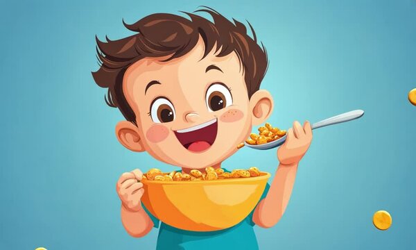 Joyful Boy Devouring a Bowl of Crunchy, Golden Cereal