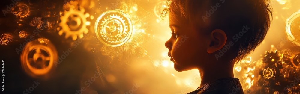 Poster child with glowing aura surrounded by gears and dreamlike elements in creative visualization