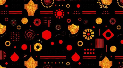 Red and Gold Geometric Pattern: A vibrant, abstract pattern with a seamless repeat of geometric shapes, including circles, hexagons, and squares, in shades of bold red and shimmering gold.