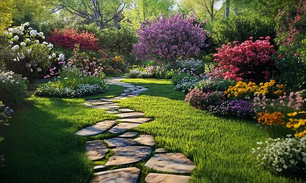 Stone path through vibrant spring garden (1)