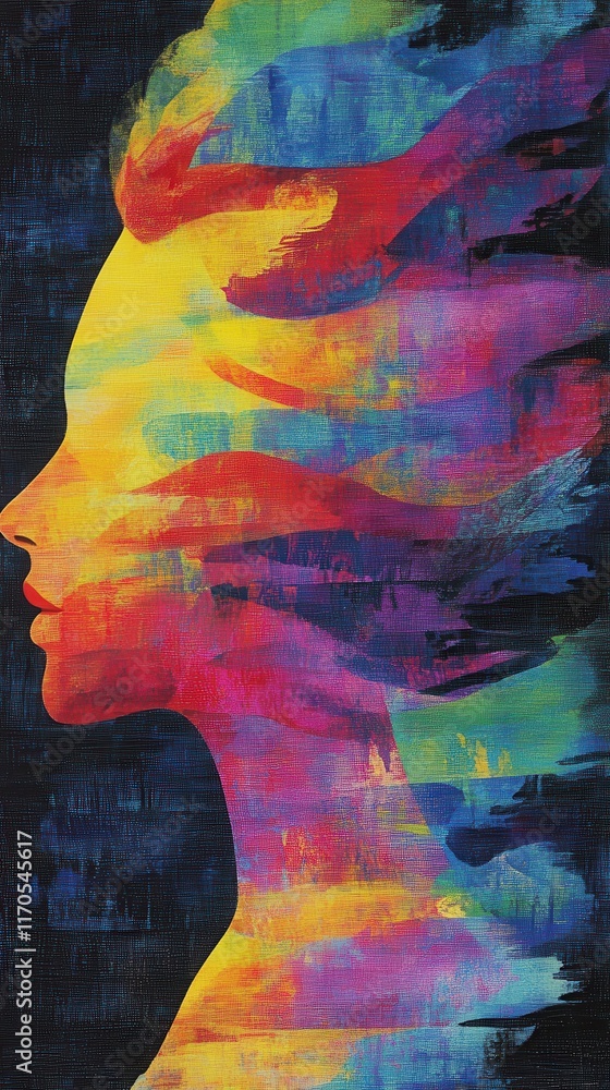 Poster surreal depiction of a glowing woman surrounded by vibrant colors and abstract patterns in a dreamli