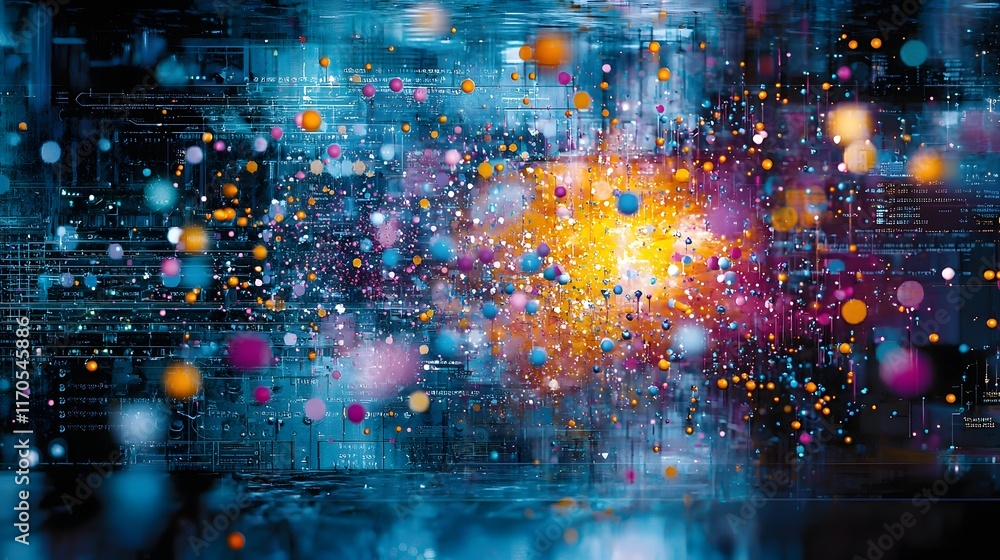 Poster quantum computer simulating dynamic equilibrium in gas phase reaction with colorful particles bounci
