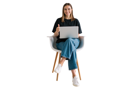 cheerful young woman sitting on a chair, working on a laptop, giving a thumbs-up gesture. - Powered by Adobe