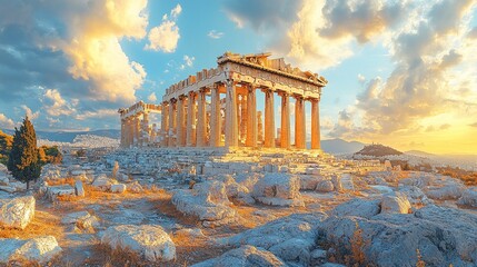 Majestic Parthenon at Sunset Golden Light Illuminates Ancient Greece