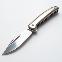 Fototapeta premium Shiny silver pocket knife with a sleek design resting on a neutral surface