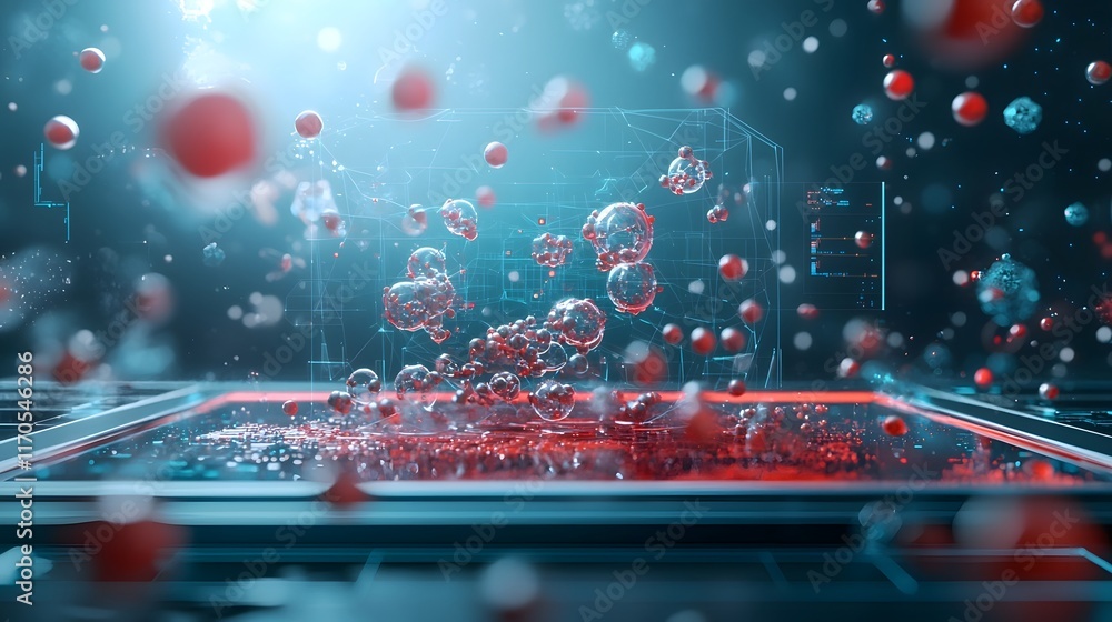 Poster quantum computer visualizing the equilibrium of a chemical reaction in solution with holographic mol
