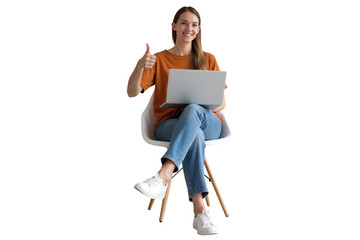 stylish young professional seated on a chair, laptop in lap, giving an approval gesture