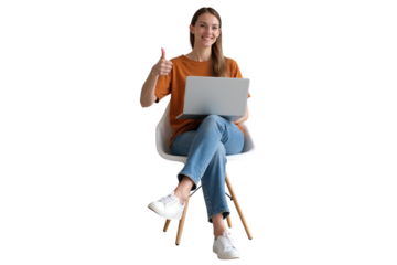 stylish young professional seated on a chair, laptop in lap, giving an approval gesture