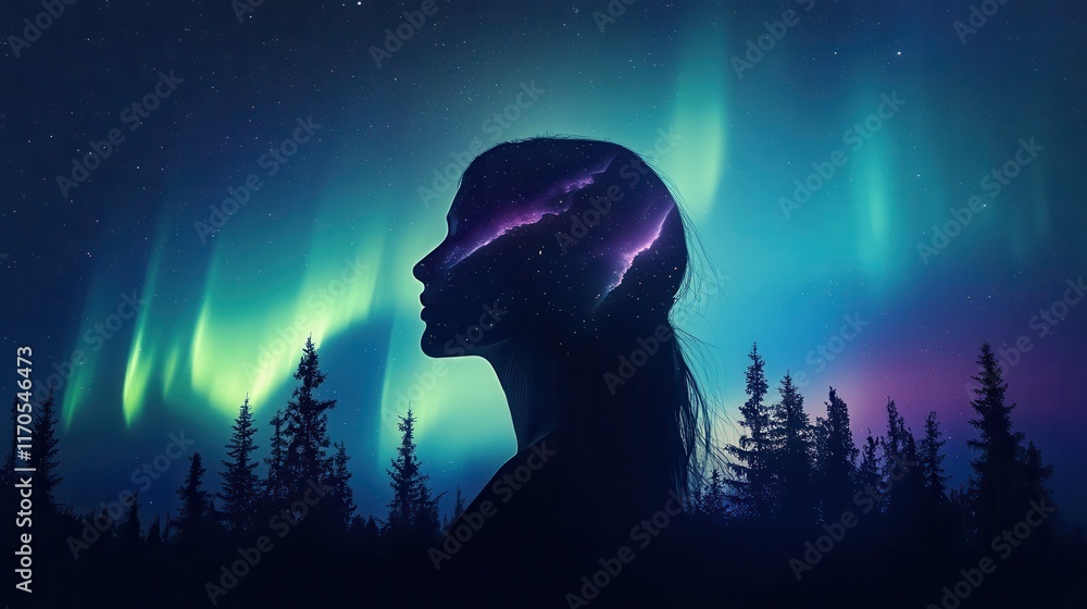 Aufkleber portrait of a woman against the backdrop of a glowing aurora in a tranquil wilderness setting at nig