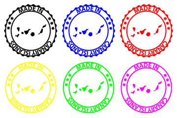 Made in Canary Islands - rubber stamp - vector, Canary Islands(Islas Canarias) map pattern - black, blue, green, yellow, purple and red