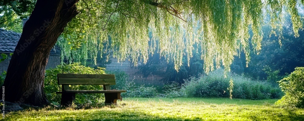 Poster serene park scene with weeping willow tree and sunlit greenery in tranquil natural setting