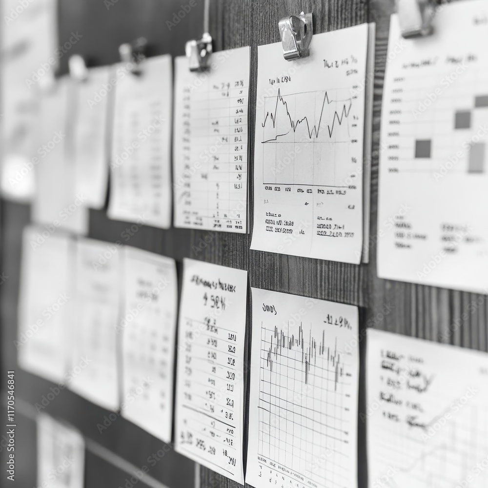 Poster price chart pinned to bulletin board showing fluctuations over time in a financial analysis context