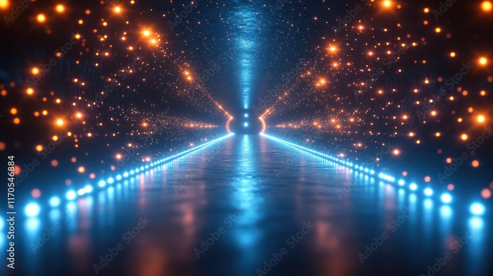 Poster dynamic laser light show with abstract beams and cool blue illumination in dark space