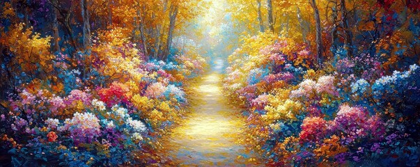 Vibrant Autumn Trail Through Blooming Flowers in a Sunlit Forest Scene Full of Colorful Foliage and Natural Beauty