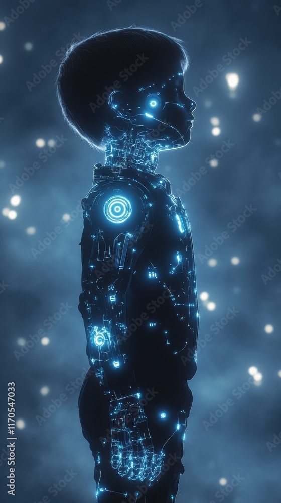Aufkleber mystical visualization of a child exploring a futuristic world filled with glowing technology and co