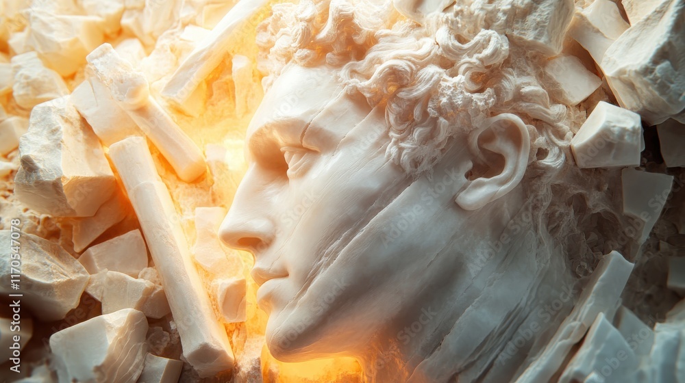 Poster mystical sculpture of a youthful figure emerging from marble fragments in a surreal artistic setting