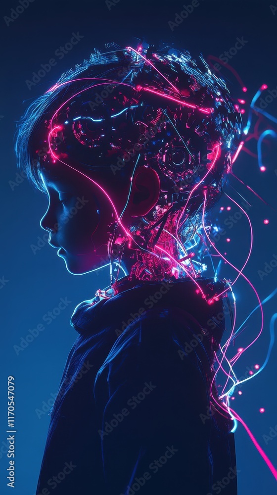 Aufkleber Mystical visualization of a child's silhouette intertwined with vibrant neural connections in a dark setting