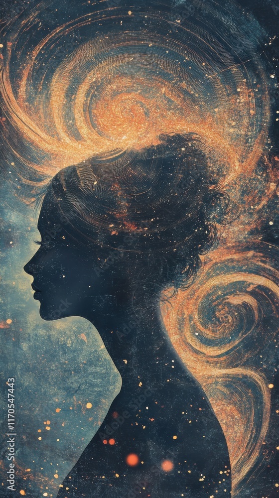 Aufkleber mystical profile of a woman surrounded by swirling cosmic elements in a dreamlike setting