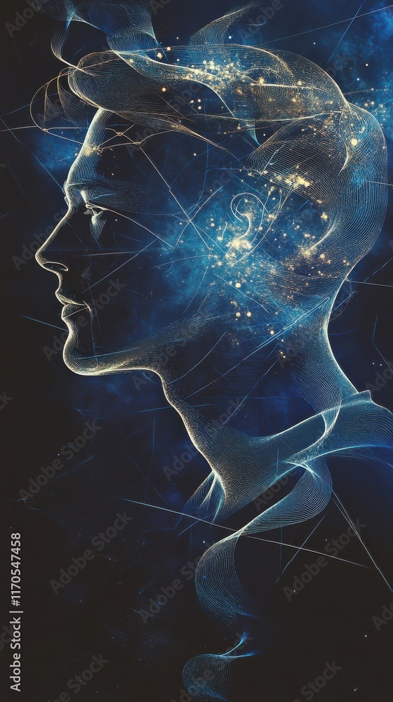 Poster mystical profile of a man illuminated by cosmic elements and ethereal colors in an imaginative art p