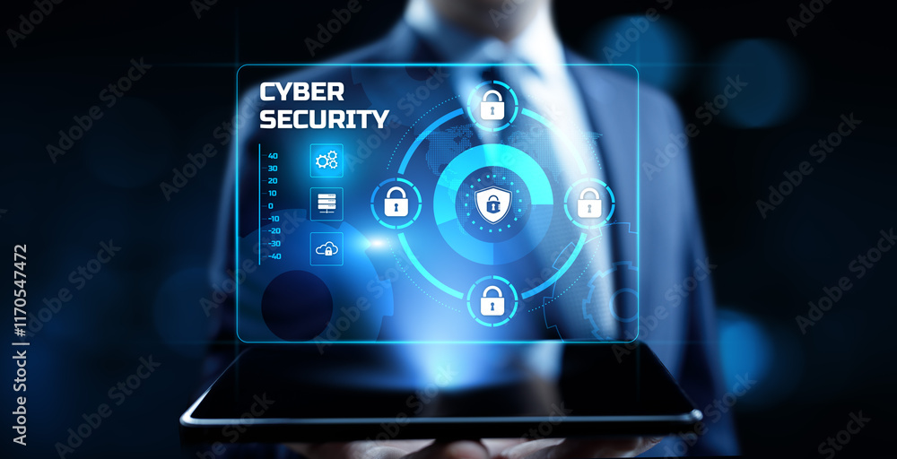 Poster cyber security access control data protection personal information privacy concept. businessman pres