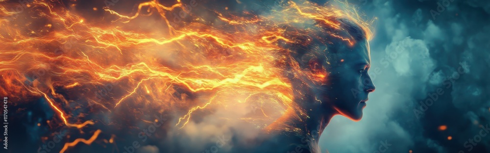 Aufkleber Mysterious profile of a man surrounded by vibrant lightning and ethereal energy creating a celestial aura
