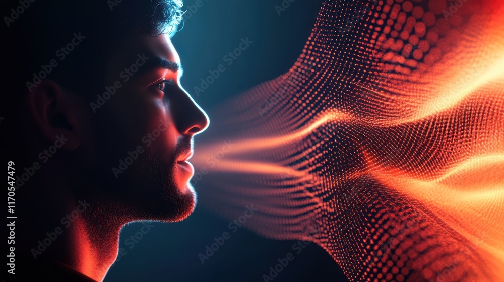 Aufkleber mystical profile of a man surrounded by vibrant digital energy in a futuristic setting