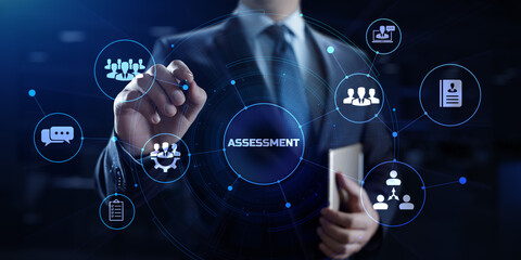 Assessment Evaluation Business Finance concept. Businessman pressing button.