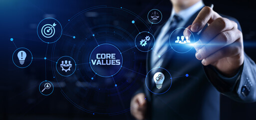 Core values Responsibility Innovation. Businessman pressing button on screen.