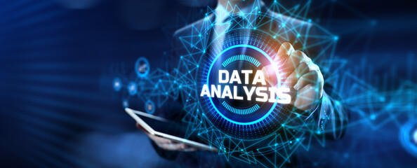 Businessman pressing virtual button data analysis text on screen.