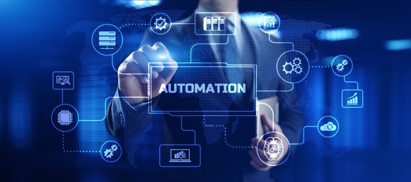 Automation Innovation technology concept. Businessman pressing button on screen.