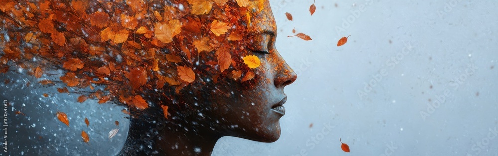 Poster mystical depiction of a man's profile filled with autumn leaves in a serene atmosphere during twilig