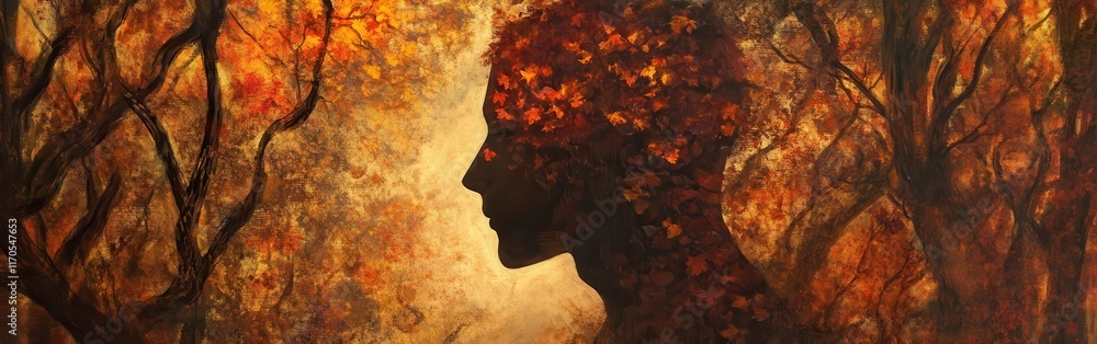 Aufkleber mystical profile of a man filled with autumn leaves in an enchanted forest setting during twilight h