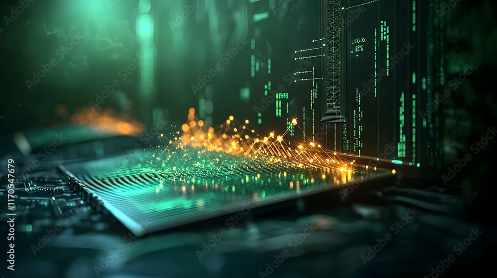 Poster quantum computer visualization of planck s law of radiation showing a glowing spectrum of wavelength