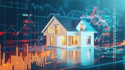 Modern house silhouette merging with upward trends in digital data visualization