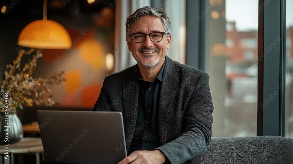 Aufkleber professional man working on a laptop in a modern cafe setting during autumn afternoon
