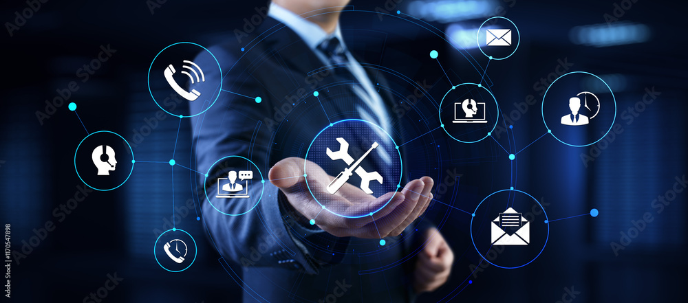 Poster technical support customer service concept. businessman pressing button on screen.
